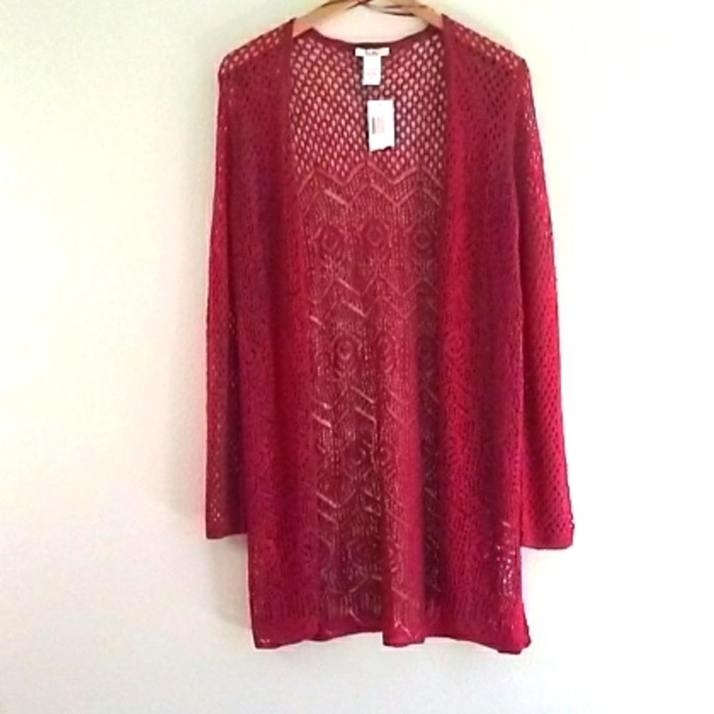 Isela Red Lace Crochet Cardigan, Size M, Burgundy